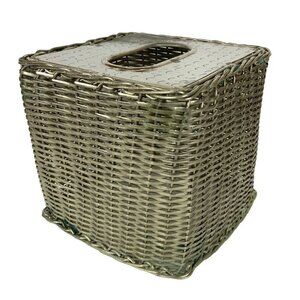 Square Silver Metal Basketweave Tissue Box Holder With Hammered Chrome Finish